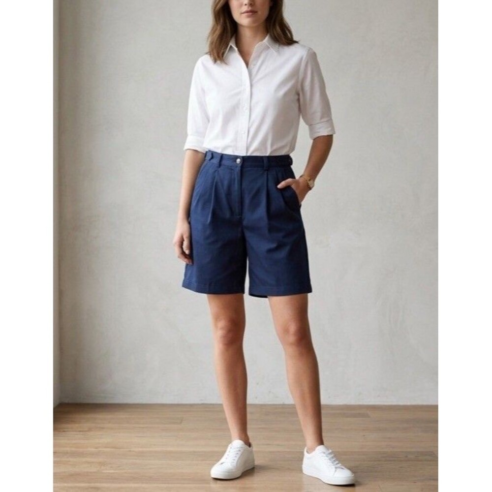 Aureus Womens 14 Pleated Chino Shorts Navy Blue High Waist Side Tabs Tweed Golf